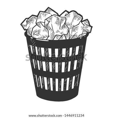 Trash can with paper documents sketch engraving vector illustration. Scratch board style imitation. Hand drawn image.
