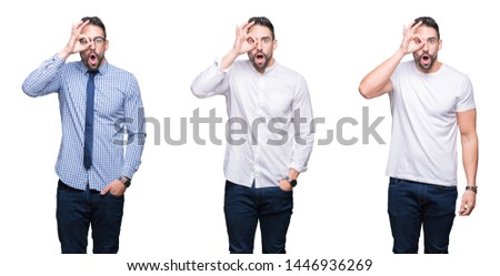 Collage of handsome business man over white isolated background doing ok gesture shocked with surprised face, eye looking through fingers. Unbelieving expression.