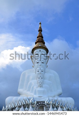 Beautiful white buddha statue at Wat Pha Sorn Kaew temple in Khao Kor, Phetchabun, Thailand, Free admission and take a picture for tourist. Blue sky background.