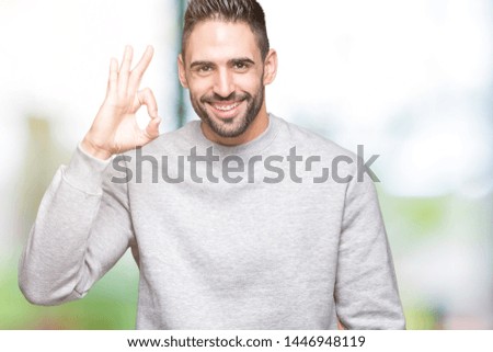 Young handsome man wearing sweatshirt over isolated background smiling positive doing ok sign with hand and fingers. Successful expression.
