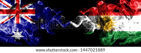 Australia vs Kurdistan, Kurdish smoky mystic flags placed side by side. Thick colored silky smokes combination of national flags of Australia and Kurdistan, Kurdish