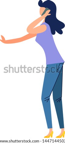 Female character talking on cell phone cartoon vector illustration. Faceless woman with dark hair and in casual clothes holding a mobile near ear and making stopping hand gesture, isolated on white
