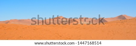 view of Namibian desert at Sossusvlei with distant crescent shaped dunes and blue skies