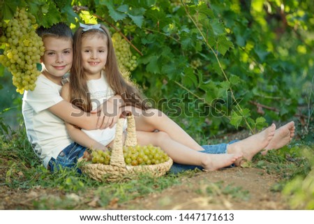 Child with grapes on nature. 
