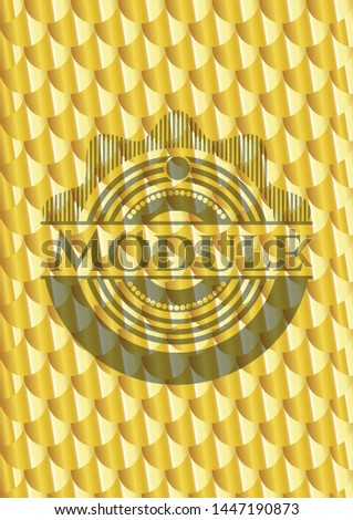 Module golden emblem or badge. Scales pattern. Vector Illustration. Detailed.