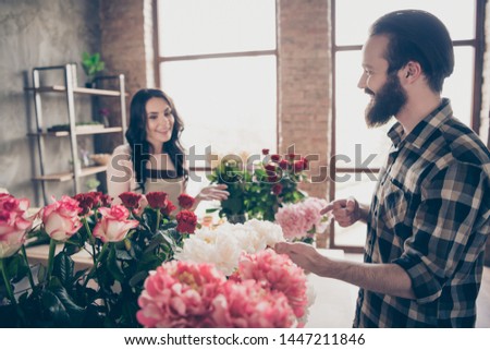 Close up photo beautiful she her lady asking advising buy buyer him his he macho guy nice service composition handmade bunch fresh flowers holiday valentine day 8 march small flower shop room indoors