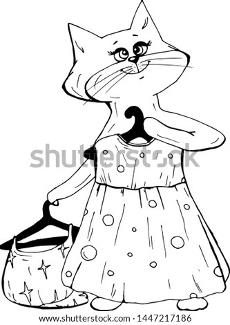 Cute cat with dresses cartoon hand drawn vector illustration. Can be used for print, wear fashion design