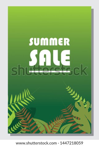 Summer sale template banner, Vector illustration template green
poster with palm leaves, jungle leaf. Floral tropical summer background. 