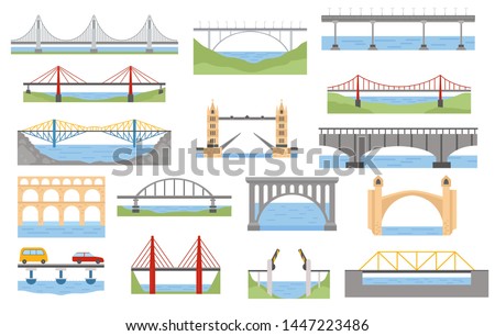 Types of bridges set. Color graphic design, infographic elements. Vector illustration Royalty-Free Stock Photo #1447223486