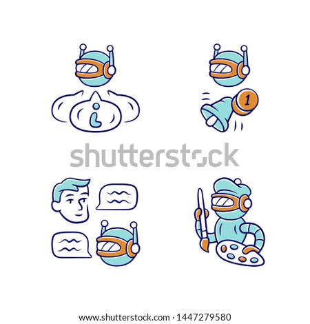 Internet robots color icons set. Chatbot, informational, proactive, art bots. Sending messages, notifications. Technology, cybernetics. Artificial intelligence, AI. Isolated vector illustrations