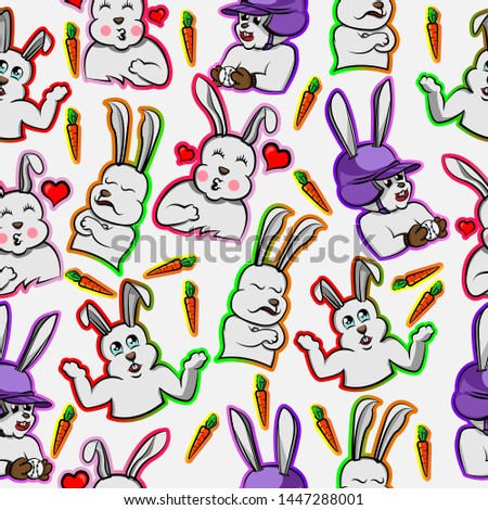 Rabbit diverse expression love, happy ,funny and sport activity bunny, cartoon seamless pattern white background 