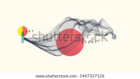 Abstract art in Japanese style. Array with dynamic emitted particles. Water splash imitation. Modern science background. Vector illustration. Royalty-Free Stock Photo #1447337126