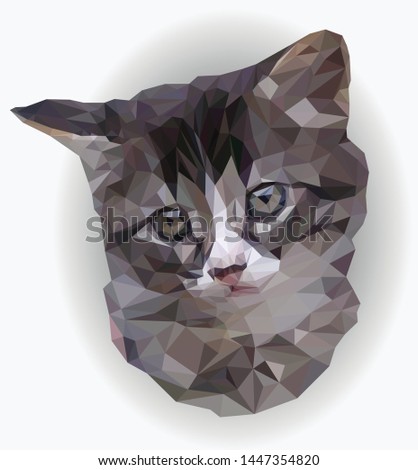Vector banner with the head of a cat on a light background. Low Poly illustration of a cute cat with serious eyes in realistic style. Portrait of a gray-white kitten close-up. Polyart.