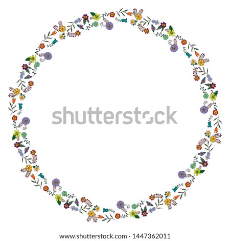 Floral wreath on white background. Round frame with floral doodles. Festive floral circle for your season design. Raster copy
