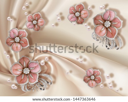 3d wallpaper texture, jewelry flowers, pearls on beige silk background. 	