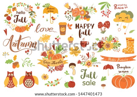 Autumn set Cute hand drawn fall elements- calligraphy fall leave owls wreath pumpkin ribbon bouquet branch phrases Autumn clip art for web card poster cover tag invitation sticker Vector illustration.