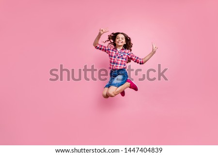 Full length body size view photo of charming friendly girl make v-signs dream dreamy carefree careless playful free time dressed checkered shirt denim jeans skirt isolated pink pastel background