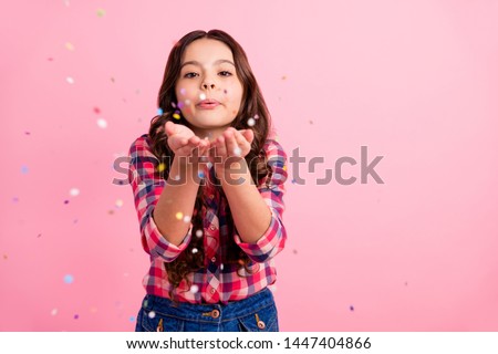 Portrait of charming lovely nice kid send air kisses have weekend free time feel innocence relax rest wear fashionable checked clothing isolated pastel-colored background