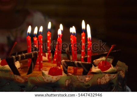 Girl blows into festive cake with candles. Birthday girl blows on candles for birthday cake. Festive cake with candles. A birthday with a grade, night shooting.