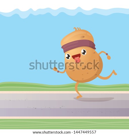 Cartoon funky potato character running or jogging outdoor. Cute sporty vegetable character making cardio sport exercise. Fitness cardio concept