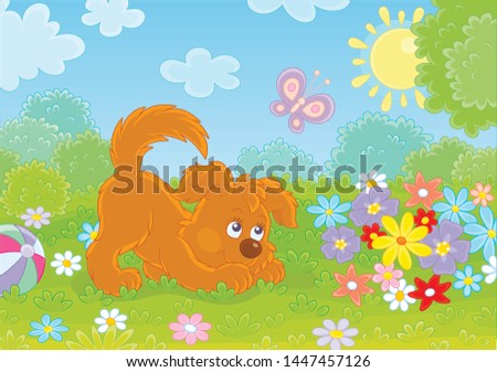Funny small playful puppy playing with a butterfly among colorful flowers on green grass of a garden on a sunny summer day, vector illustration in a cartoon style