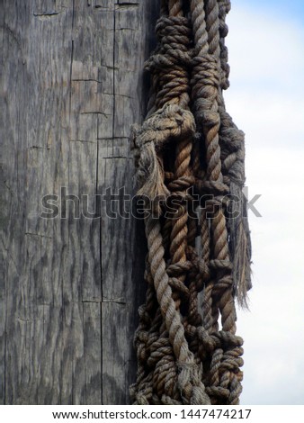 Foreground picture of a rope with sailor knots hanging from the mast of a ship                               