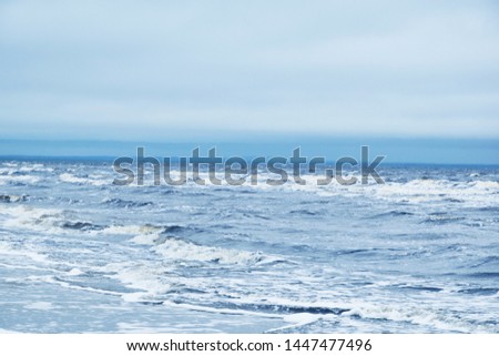 Sea beach. North sea. Stormy weather: strong waves, gloomy sky, sea foam. White sea. A place for your writing. Copy space