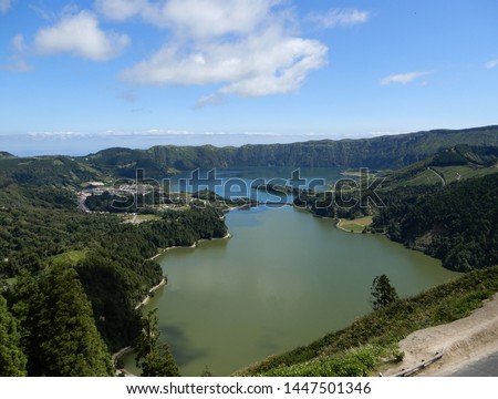 Beautiful scenery with the interconnected lakes (one green on blue) at Sete Cidades,  Azores 