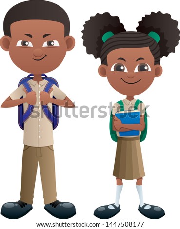 Vector illustration of black schoolboy and schoolgirl. 