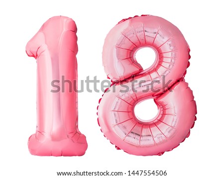 Number 18 eighteen made of rose gold inflatable balloons isolated on white background. Pink helium balloons forming 18 eighteen number