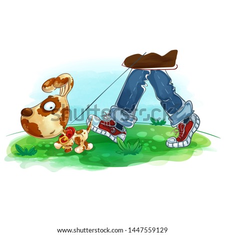 A man walks with a dog on the green grass. Vector cartoon character. Hand drawing and watercolor background.