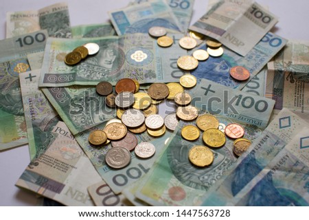 Polish Zloty banknotes and coins. Stack of polish money. Business and financial concept. Polish Zloty banknotes (PLN) closeup.
