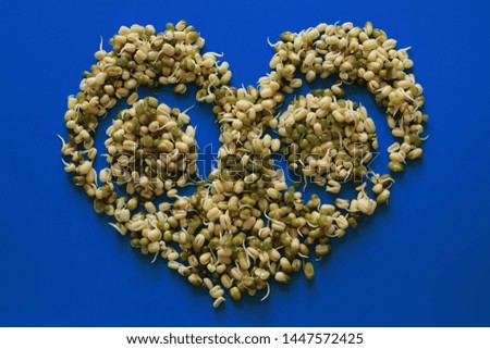 Sprouted mung on a bright background in the shape of a heart, green vegan food
