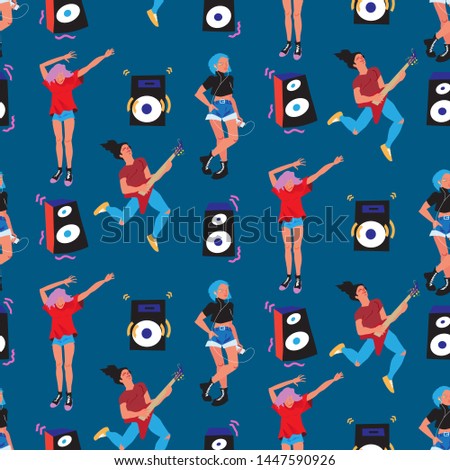 Seamless pattern Carefree Youth, Young people dances. Flat vector illustration. Music festival themes wrapping papper or textile.