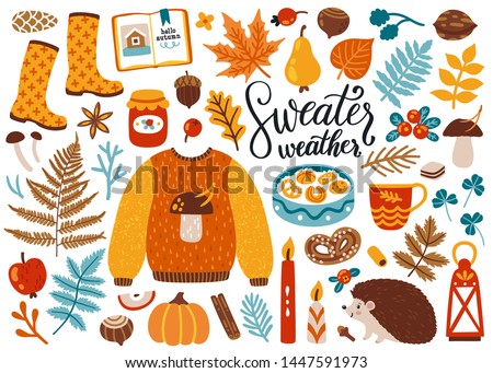 Vector set of autumn icons: sweater, falling leaves, cozy food, candles, book and cute hendgehog. Scrapbook collection of fall season elements. Bright background for harvest time. Autumn greeting card Royalty-Free Stock Photo #1447591973