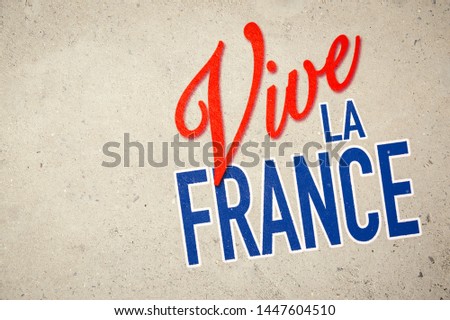 Patriotic "Vive la France" message (English translation: Long live France) in blue, white, and red tricolour on a grunge concrete wall background