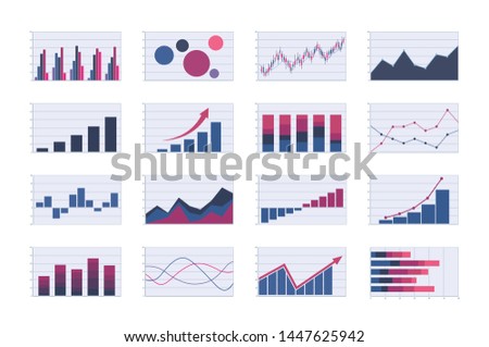 Color business graph and chart set. bar, line, areas, bubble and candlestick graphs. analysis graphic vector images in flat style