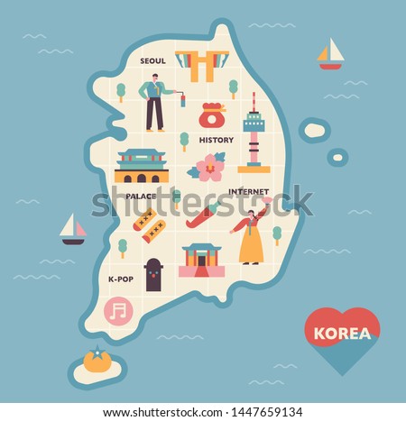 Various symbols and icons of South Korea are placed on the map. flat design style minimal vector illustration.