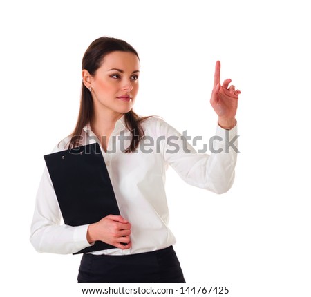 Businesswoman with report pointing to blank area, isolated on white
