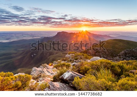 Early morning / sunrise from the peak of Bluff Knoll in the Stirling Range National Park, Western Australia, Australia. Royalty-Free Stock Photo #1447738682