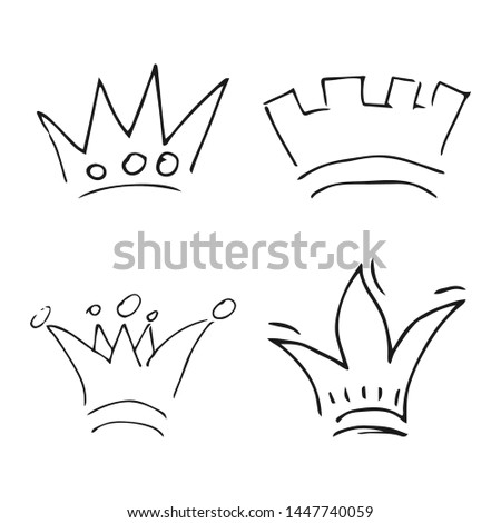 Hand drawn crowns. Set of four simple graffiti sketch queen or king crowns. Royal imperial coronation and monarch symbols. Black brush doodle isolated on white background. Vector illustration.