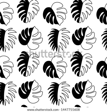 Seamless pattern, black silhouettes of tropical leaves on white background. Vector flat illustration.
