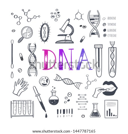 Vector Illustration, poster with equipment for DNA testing, research and hand drawn Lettering.  Conceptual design for chemical, biological and medicinal laboratory, school, clinic