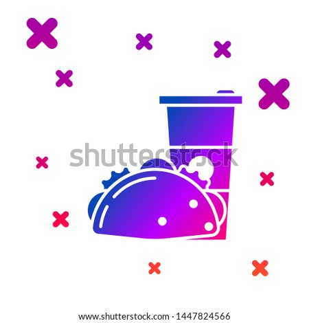 Color Paper glass and taco with tortilla icon isolated on white background. Soda aqua drink sign. Hamburger, burger, cheeseburger sandwich. Gradient random dynamic shapes. Vector Illustration