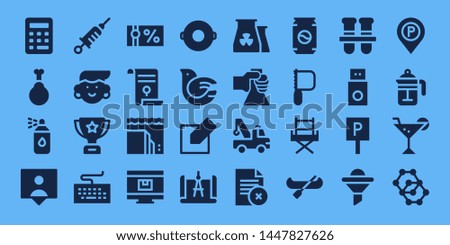 white icon set. 32 filled white icons. on blue background style Simple modern icons about  - Calculator, Chicken, Paint spray, Followers, Vaccine, Avatar, Trophy, Keyboard, Gift voucher