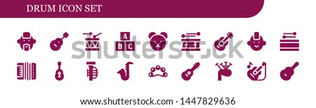 drum icon set. 18 filled drum icons.  Simple modern icons about  - Punk, Guitar, Drum, Toy, Teddy bear, Accordion, Tuba, Saxophone, Tambourine, Bagpipes