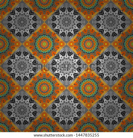 Flower mandala vector colorful background foin orange, blue and gray colors. Seamless pattern for cards, prints, textile, fabric, books covers or wrapping paper.
