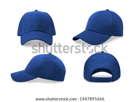 Blue baseball cap in four different angles views. Mock up. Royalty-Free Stock Photo #1447895666