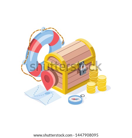 Business travel, chest, treasure hunter. Vector 3d isometric, color web icons set, new flat style. Creative illustration, idea for infographics.