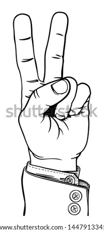 A hand in a peace or v for victory sign. Wearing a business suit in a vintage antique engraving woodblock or woodcut style.
